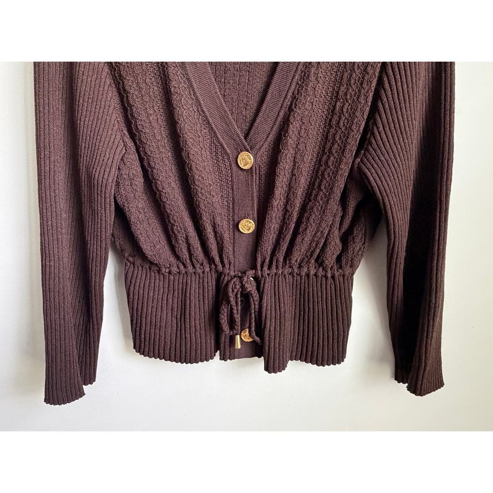 St. John Sport Wool Blend Puff Sleeve V-Neck Cardigan Sweater Brown Womens Large - Picture 4 of 9
